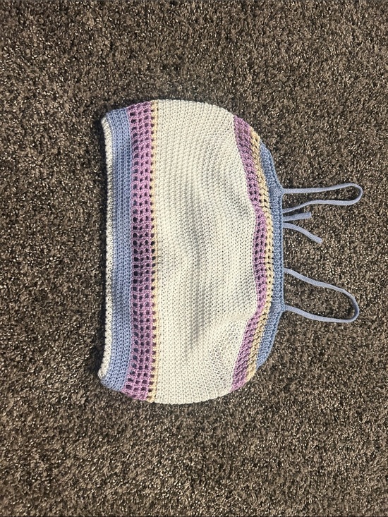 SHEIN Tops - SHEIN White Crochet Crop Top with Pastel Purple & Blue Stripes